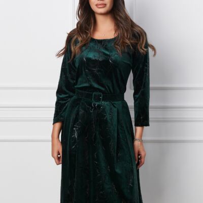 Black Friday 2022 Rochie Catalina verde din catifea cu insertii negre si curea in talie
