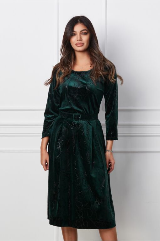 Black Friday 2022 Rochie Catalina verde din catifea cu insertii negre si curea in talie