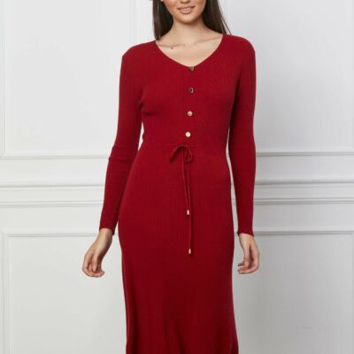Black Friday 2022 Rochie Christina bordo din tricot cu snur reglabil in talie