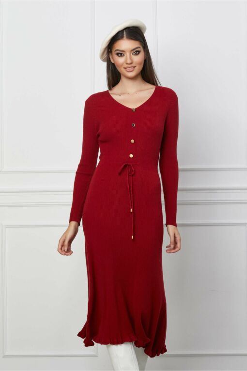 Black Friday 2022 Rochie Christina bordo din tricot cu snur reglabil in talie