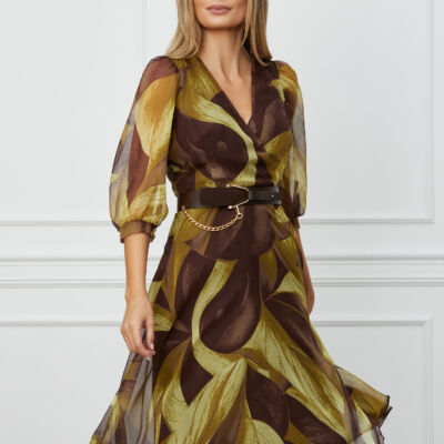 Black Friday 2022 Rochie Christina maro cu imprimeuri olive si curea in talie