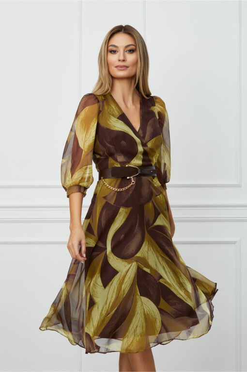 Black Friday 2022 Rochie Christina maro cu imprimeuri olive si curea in talie