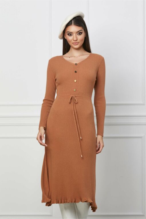 Black Friday 2022 Rochie Christina maro din tricot cu snur reglabil in talie