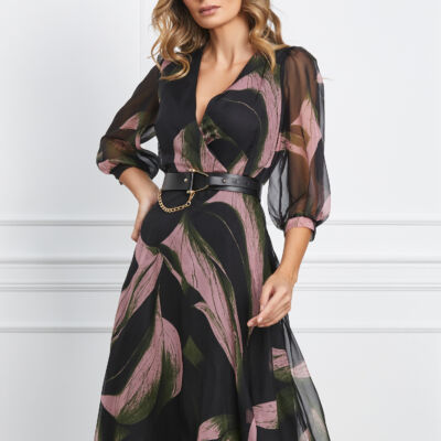 Black Friday 2022 Rochie Christina neagra cu imprimeuri roz si curea in talie