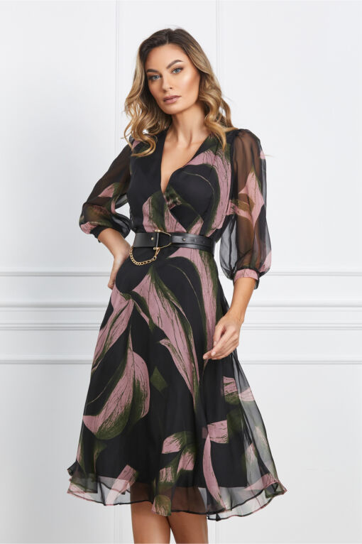 Black Friday 2022 Rochie Christina neagra cu imprimeuri roz si curea in talie