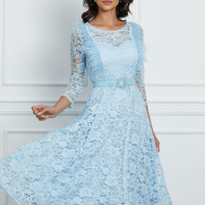Black Friday 2022 Rochie Claire bleu din dantela cu pene si curea