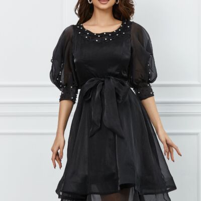 Black Friday 2022 Rochie Cleo neagra cu pietricele si maneci scurte despicate