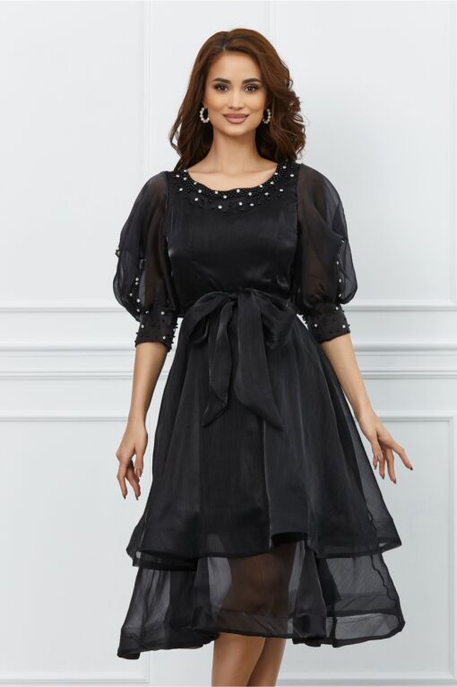 Black Friday 2022 Rochie Cleo neagra cu pietricele si maneci scurte despicate