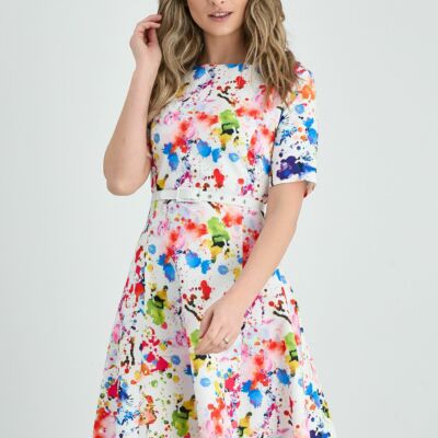 Black Friday 2022 Rochie Corina alba cu imprimeu divers multicolor si curea in talie