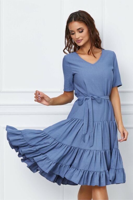 Black Friday 2022 Rochie Corina albastra cu volane la baza si cordon in talie