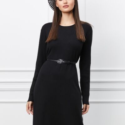 Black Friday 2022 Rochie Corina neagra din tricot cu striatii pe maneci si curea in talie
