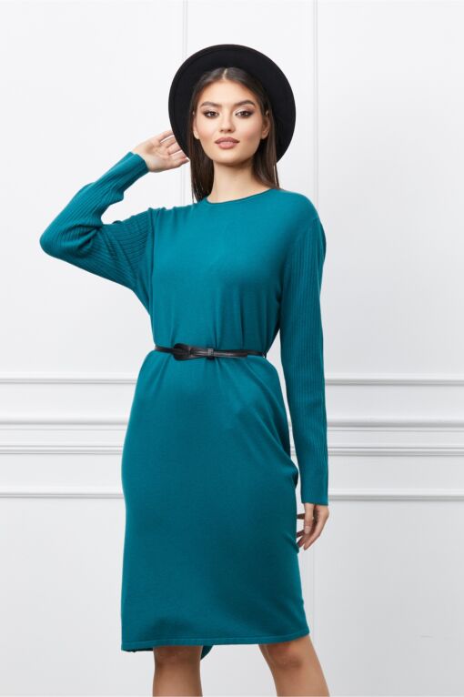 Black Friday 2022 Rochie Corina verde petrol din tricot cu striatii pe maneci si curea in talie