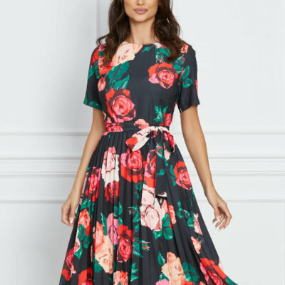 Black Friday 2022 Rochie Crina neagra cu flori rosii si cordon in talie