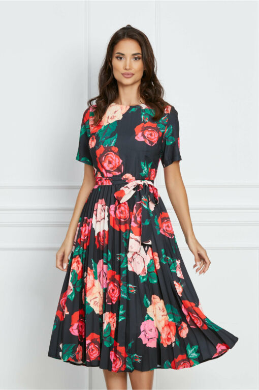 Black Friday 2022 Rochie Crina neagra cu flori rosii si cordon in talie