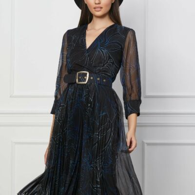 Black Friday 2022 Rochie Crina neagra cu imprimeuri albastre si curea in talie