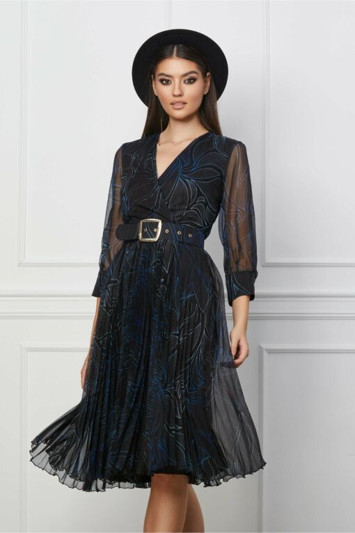Black Friday 2022 Rochie Crina neagra cu imprimeuri albastre si curea in talie