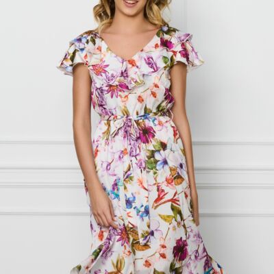 Black Friday Rochie DY Fashion alba din voal cu imprimeu mov si cordon in talie