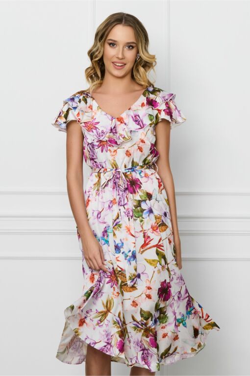 Black Friday Rochie DY Fashion alba din voal cu imprimeu mov si cordon in talie