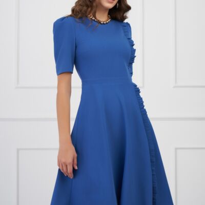 Black Friday Rochie DY Fashion albastra cu volanas pe o parte