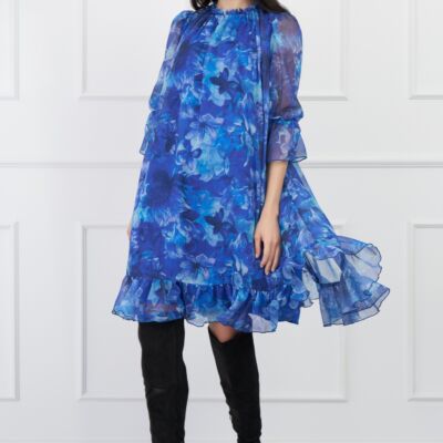 Black Friday Rochie DY Fashion albastra din voal cu imprimeuri si volan la baza