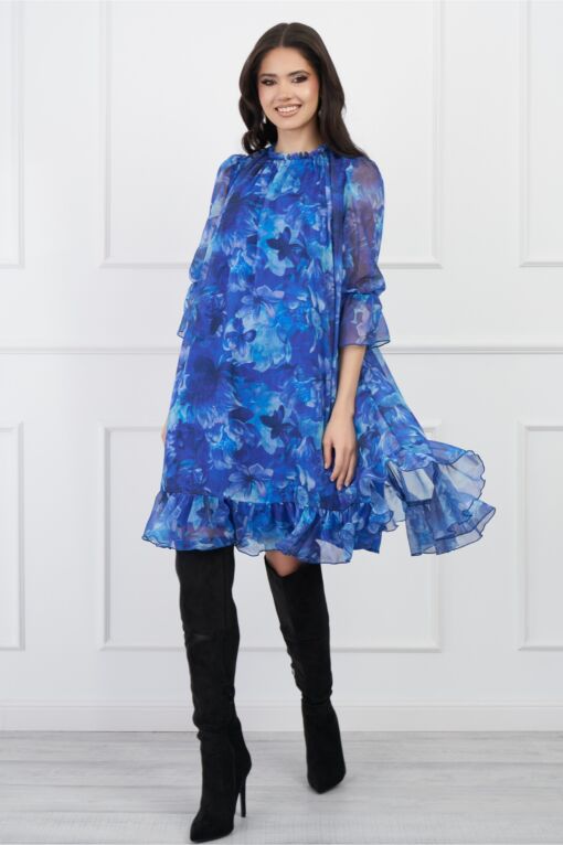 Black Friday Rochie DY Fashion albastra din voal cu imprimeuri si volan la baza