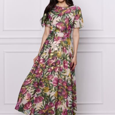 Black Friday Rochie DY Fashion bej cu imprimeuri florale mov si fir lurex