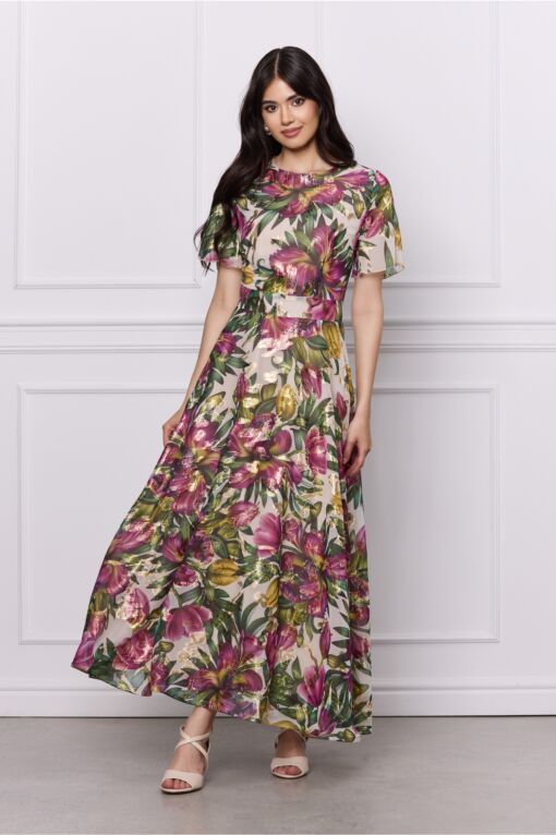 Black Friday Rochie DY Fashion bej cu imprimeuri florale mov si fir lurex