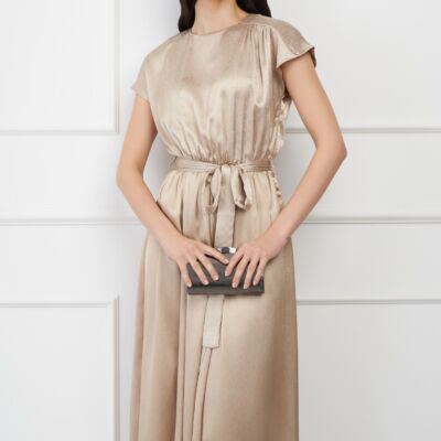 Black Friday 2022 Rochie DY Fashion bej cu strasuri pe bust si curea in talie