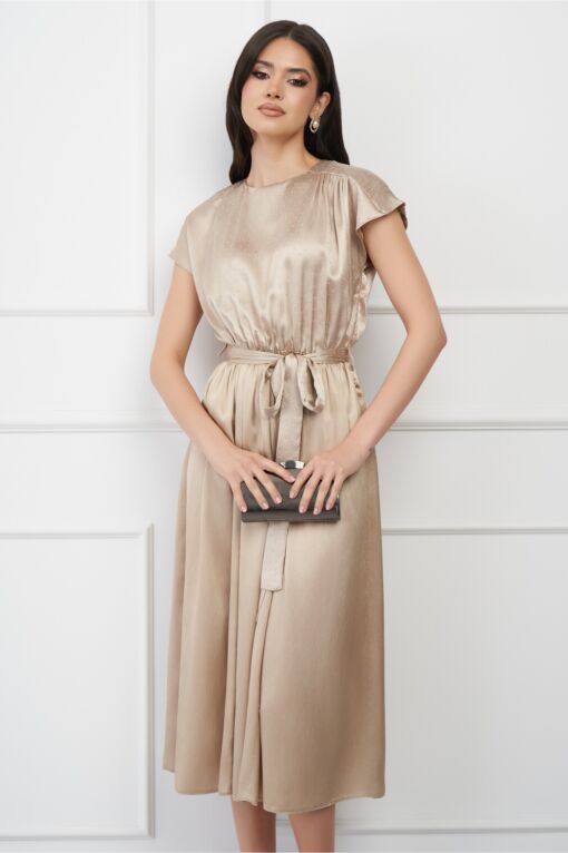 Black Friday 2022 Rochie DY Fashion bej cu strasuri pe bust si curea in talie