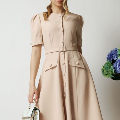 Black Friday Rochie DY Fashion bej de zi cu nasturi si curea in talie