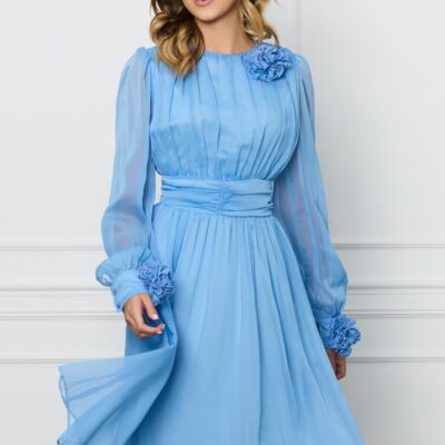 Black Friday 2022 Rochie DY Fashion bleu din voal cu trandafiri la maneci si decolteu