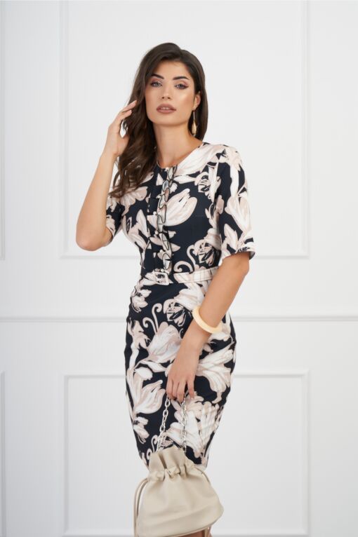Black Friday 2022 Rochie DY Fashion bleumarin cu imprimeu bej si curea in talie