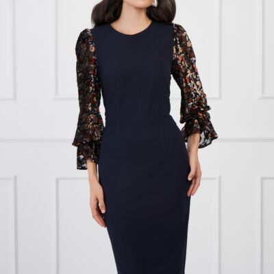 Black Friday 2022 Rochie DY Fashion bleumarin cu insertii bej din catifea pe maneci