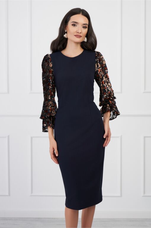 Black Friday 2022 Rochie DY Fashion bleumarin cu insertii bej din catifea pe maneci