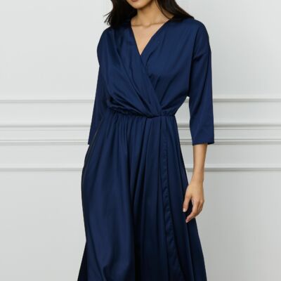 Black Friday 2022 Rochie DY Fashion bleumarin din satin cu elastic in talie