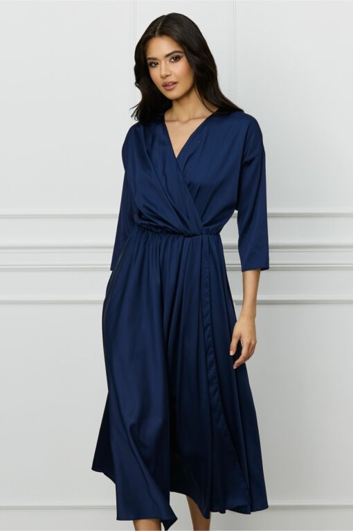 Black Friday 2022 Rochie DY Fashion bleumarin din satin cu elastic in talie