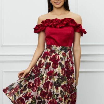 Black Friday Rochie DY Fashion bordo cu imprimeuri florale pe fusta si volane la bust