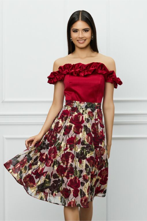 Black Friday Rochie DY Fashion bordo cu imprimeuri florale pe fusta si volane la bust