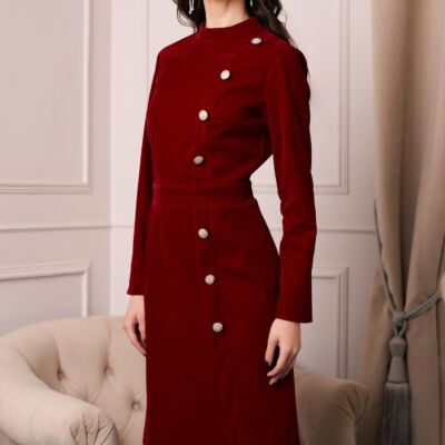 Black Friday Rochie DY Fashion din catifea bordo cu nasturi pe o parte