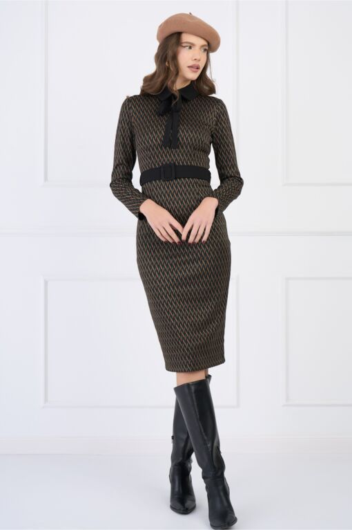 Black Friday Rochie DY Fashion din jerse turcoaz cu imprimeu maro si curea in talie