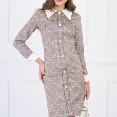 Black Friday Rochie DY Fashion din stofa catifelata gri cu guler si mansete albe
