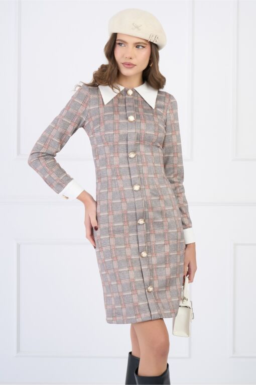 Black Friday Rochie DY Fashion din stofa catifelata gri cu guler si mansete albe