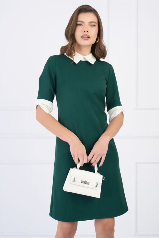 Black Friday 2022 Rochie DY Fashion din stofa verde cu guler si mansete tip fundite