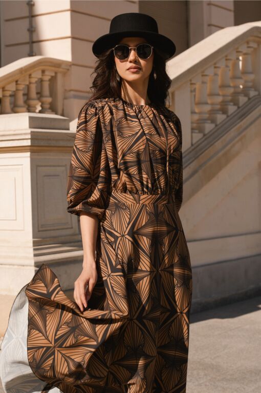 Black Friday Rochie DY Fashion din voal galben mustar cu imprimeu kaki