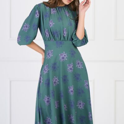 Black Friday Rochie DY Fashion din voal verde cu imprimeu florl mov