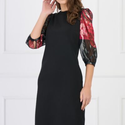 Black Friday Rochie DY Fashion eleganta din stofa neagra cu maneci din voal cu print rosu