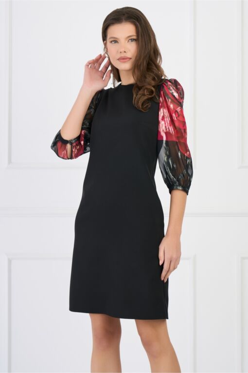 Black Friday Rochie DY Fashion eleganta din stofa neagra cu maneci din voal cu print rosu