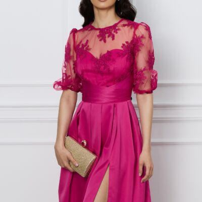 Black Friday Rochie DY Fashion fucsia cu dantela la bust si crepeu pe fusta