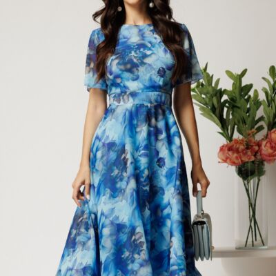 Black Friday Rochie DY Fashion lunga albastra cu imprimeu floral din voal in croi clos