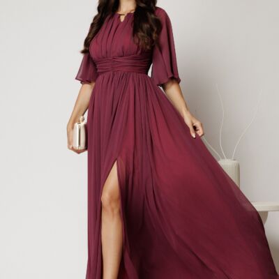 Black Friday Rochie DY Fashion lunga magenta din voal in clos cu crapatura pe picior